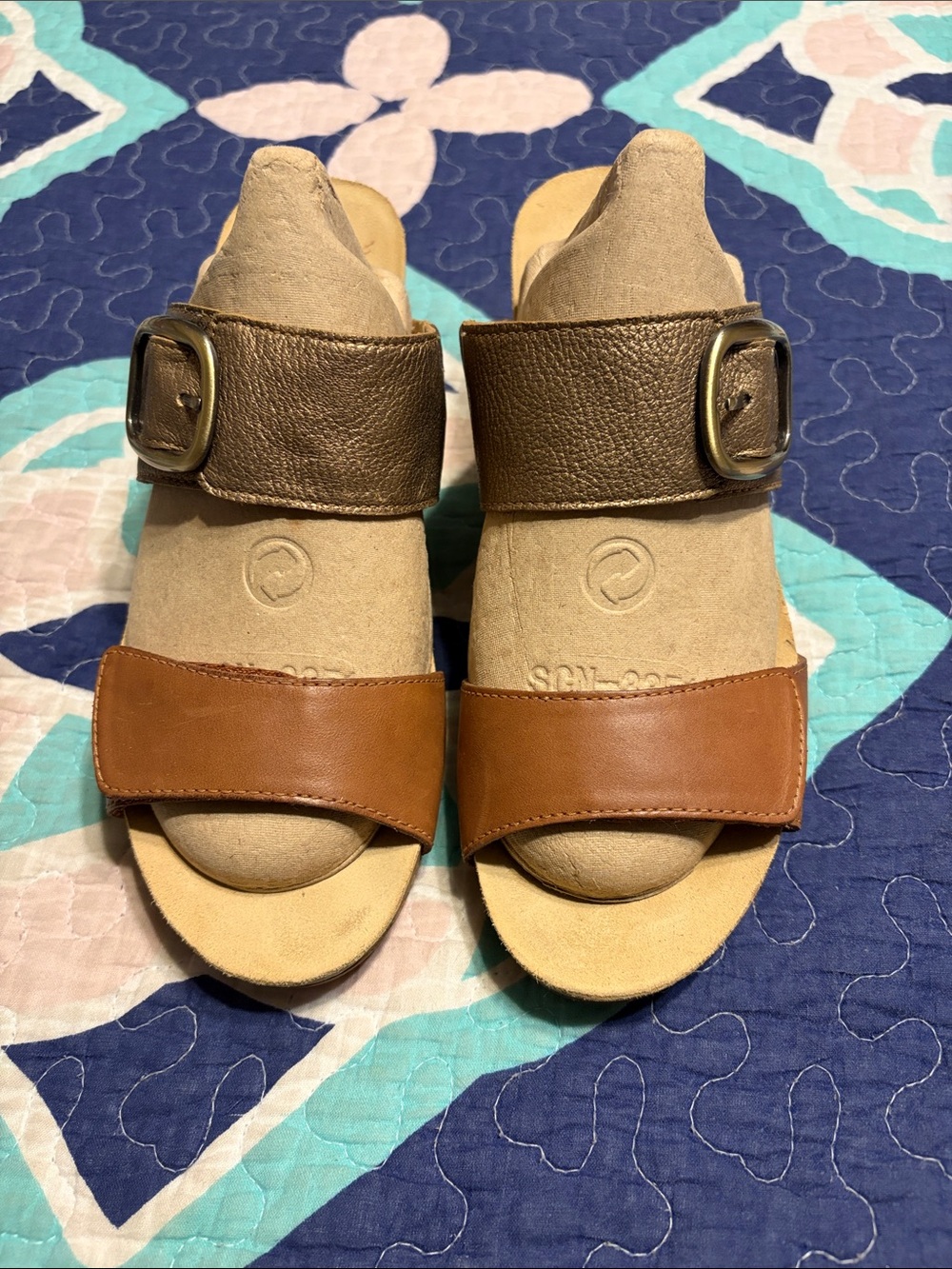 Dansko Two-Tone Brown & Tan Leather Slide Mules with Buckle
